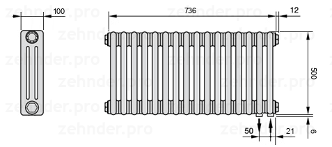 Схема (чертеж) Радиатор Zehnder Charleston 3050/16 №5510 Белый глянцевый RAL 9016